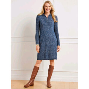 NWOT Talbots Zip Collar Sweater Dress 1X Navy Blue Solid Collared Classic Cotton